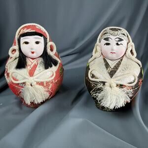 Vintage Japanese Kimekomi Doll Pair | Brocade Kimono Figurines | Made in Japan